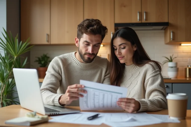 Un couple examine des documents financiers et un budget immobilier sur un ordinateur portable dans une cuisine moderne, préparant l'achat de leur maison