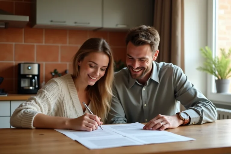 Couple examinant des documents de crédit immobilier à table dans un appartement moderne