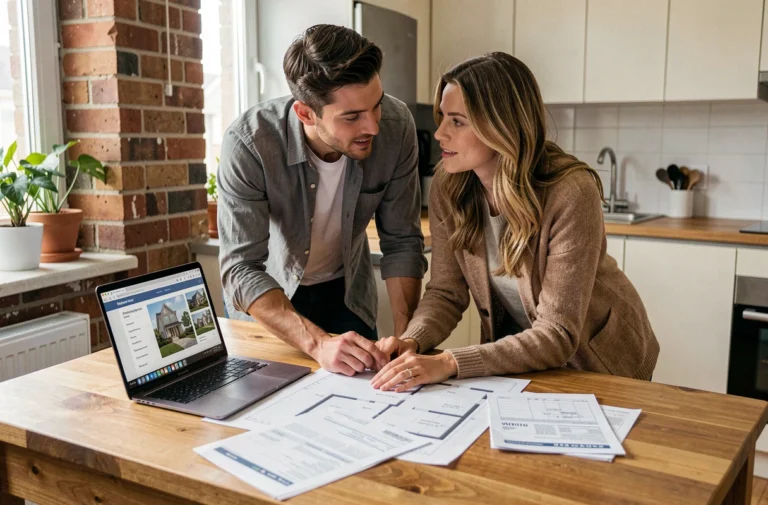 Couple étudiant des plans et documents immobiliers sur une table en bois dans un appartement moderne