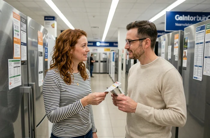 Couple comparant des réfrigérateurs Saba dans un magasin d'électroménager