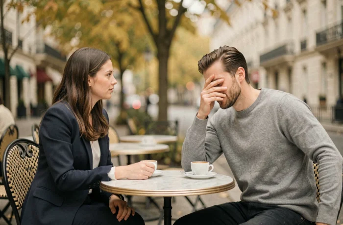 Couple attablé en terrasse parisienne, l'homme discret évitant naturellement l'objectif, symbole de vie privée préservée face à la célébrité