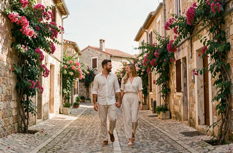 Couple en vacances discrètes se promenant dans une ruelle méditerranéenne pavée entourée de bougainvillées