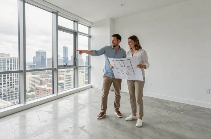 Couple visitant un appartement moderne avec vue sur la ville lors d'une opportunité immobilière