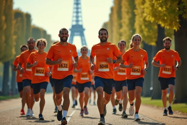 Groupe de coureurs solidaires portant des dossards de charité lors d'une course caritative dans un parc parisien avec la Tour Eiffel en arrière-plan