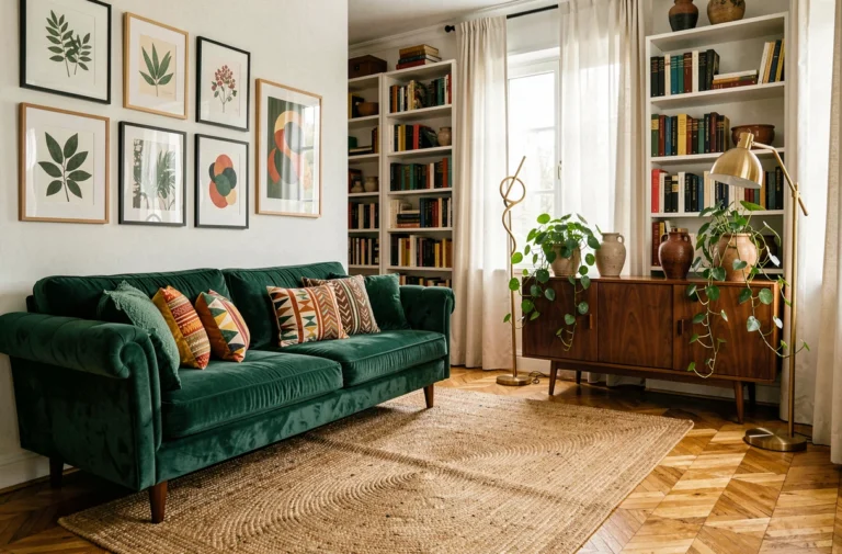 Salon décoré avec un canapé velours vert, une galerie de cadres et un mélange de styles vintage et moderne pour une décoration intérieure pleine de personnalité