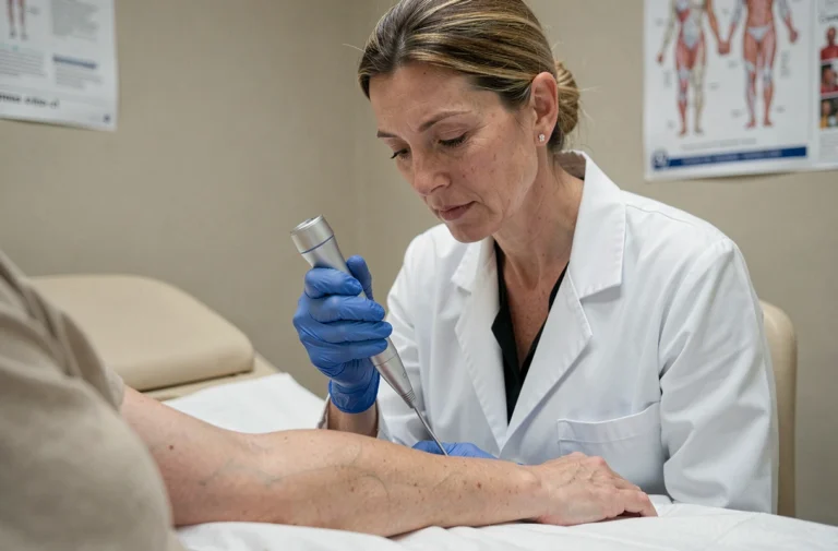 Dermatologue examinant un carcinome cutané sur l'avant-bras d'un patient avec un dermatoscope en cabinet médical