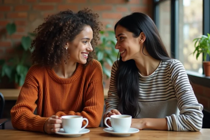 Deux jeunes femmes partageant un moment complice dans un café chaleureux aux murs en briques, illustrant la relation entre sœurs ou amies proches dans un cadre intimiste