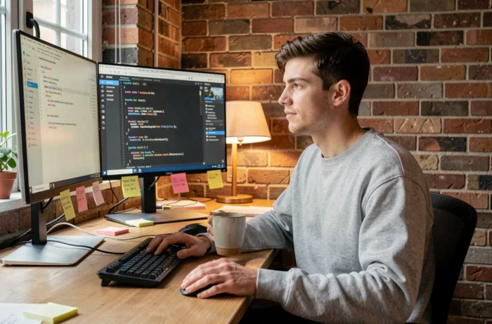 Développeur web masculin travaillant sur la conformité légale d'un site web avec des écrans de code et une checklist de mentions obligatoires dans un bureau à domicile