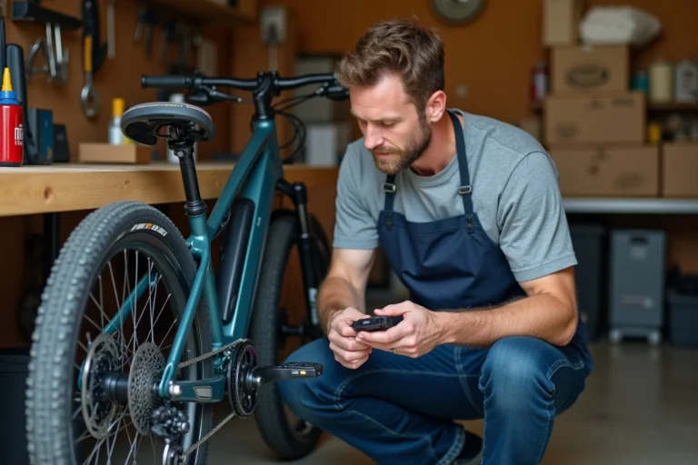 Mécanicien vélo diagnostiquant une panne sur un VTT électrique Rockrider E-ST 100 dans un atelier à domicile