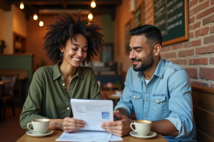 Deux jeunes adultes discutant de finances personnelles autour de documents et d'une tablette avec une application de budget dans un café urbain chaleureux