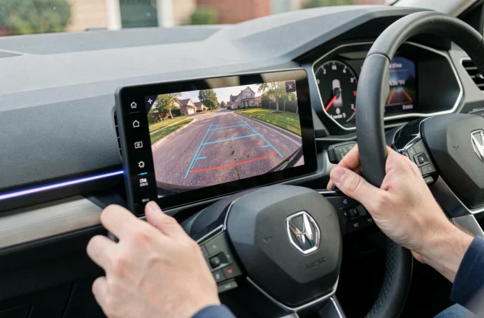 Écran tactile du tableau de bord d'une Volkswagen T-Roc 2026 affichant l'image de la caméra de recul avec lignes de guidage