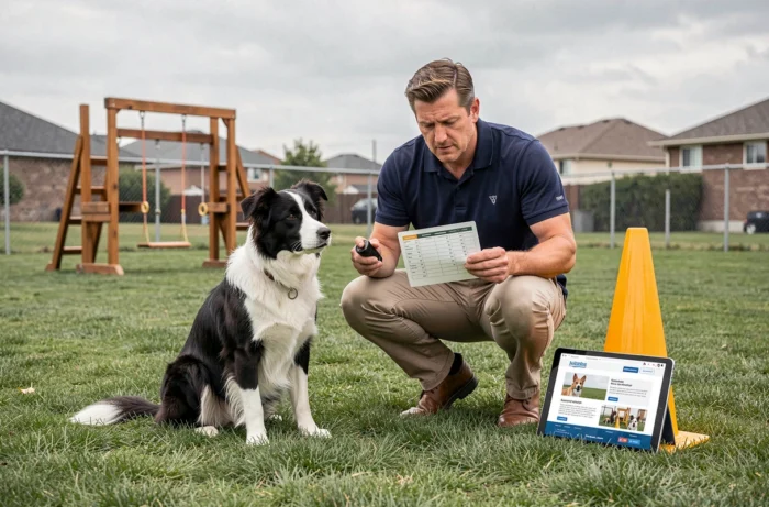Éducateur canin consultant un tableau de formation et une tablette affichant un site d'éducation canine lors d'un entraînement avec un Border Collie en extérieur