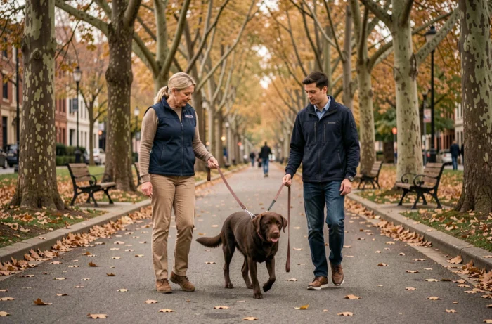 Éducatrice canine professionnelle guidant un jeune couple lors d'une séance d'accompagnement personnalisé avec leur labrador dans un parc urbain en automne