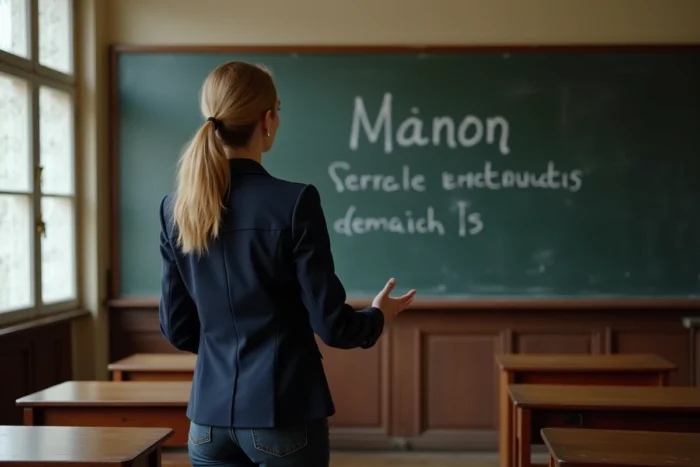 Enseignante française expliquant l'étymologie du prénom Manon devant un tableau en craie