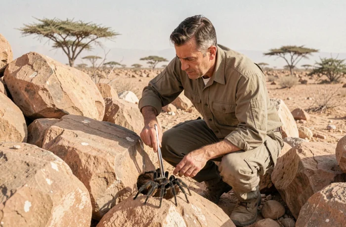 Entomologiste examinant une araignée couteau près de son terrier dans un paysage rocheux aride de Djibouti
