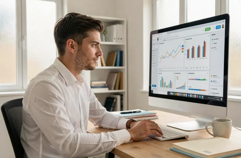Jeune entrepreneur analysant des données e-commerce sur son ordinateur dans un bureau minimaliste