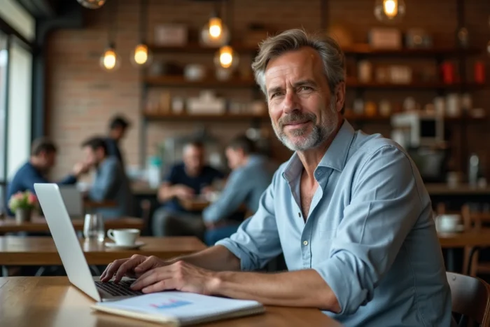 Entrepreneur travaillant sur des ressources business numériques dans un café urbain moderne