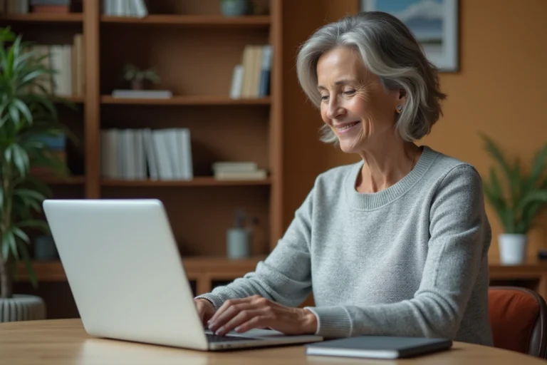 Femme utilisant son espace en ligne pour envoyer des documents à Agirc-Arrco depuis son bureau à domicile