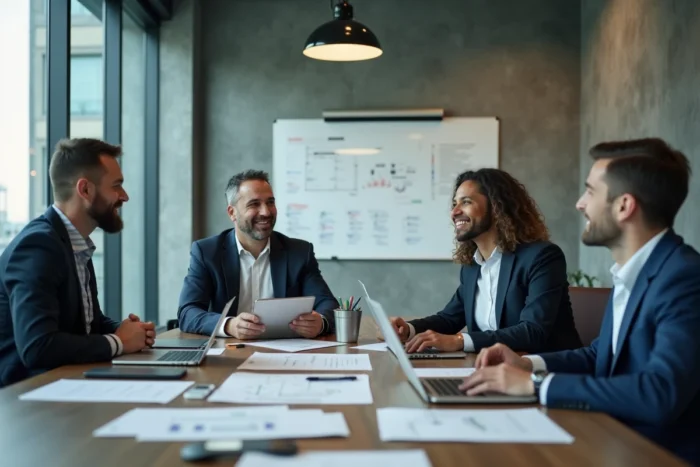 Équipe de professionnels en réunion collaborative autour de documents de stratégie business