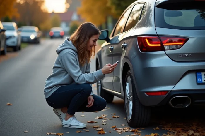 Femme consultant l'étiquette de pression des pneus dans l'encadrement de la portière d'une Seat Ibiza grise garée en ville