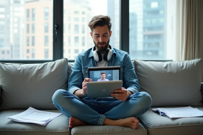 Jeune homme étudiant à distance sur une tablette numérique dans un appartement moderne, illustrant la flexibilité de l'apprentissage en ligne