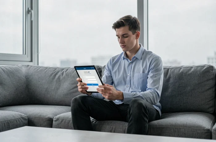 Jeune homme accédant à l'ENT universitaire de La Rochelle sur une tablette depuis son salon