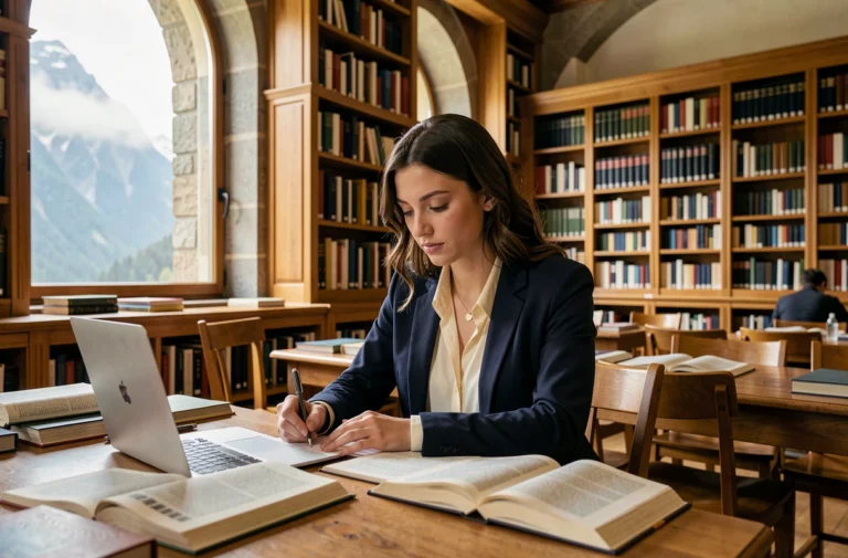 Étudiante internationale concentrée dans une bibliothèque universitaire suisse avec vue sur les Alpes
