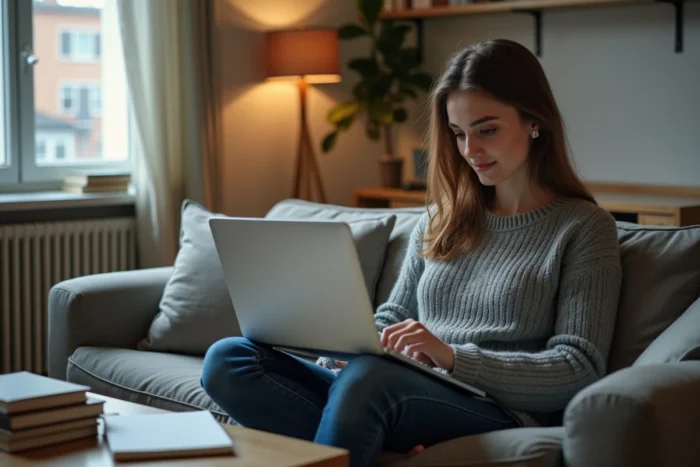 Étudiante comparant des offres de prêt étudiant à taux zéro sur ordinateur depuis son appartement