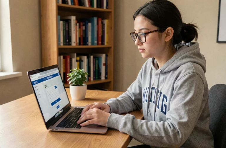 Étudiante connectée à l'ENT de La Rochelle Université depuis son bureau à domicile sur un ordinateur portable