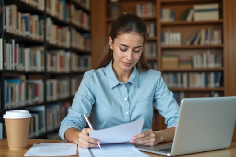 Étudiante remplissant un dossier de prêt étudiant à taux zéro dans une bibliothèque universitaire