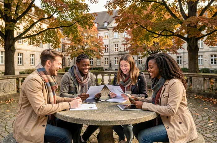 Groupe d'étudiants internationaux collaborant en plein air sur le campus d'une université suisse en automne