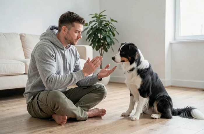 Homme pratiquant un exercice de communication positive avec son border collie dans un salon minimaliste lors d'un accompagnement canin