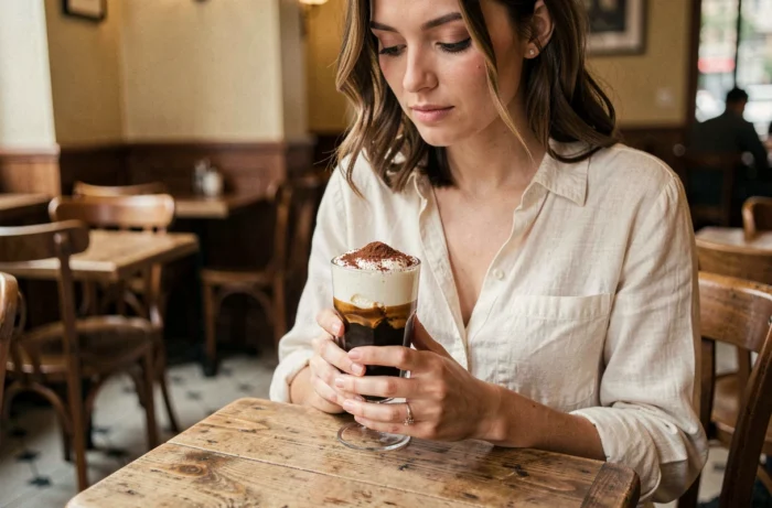 Jeune femme tenant un verre d'affogato cocktail au Kahlúa dans un café bistrot parisien rustique
