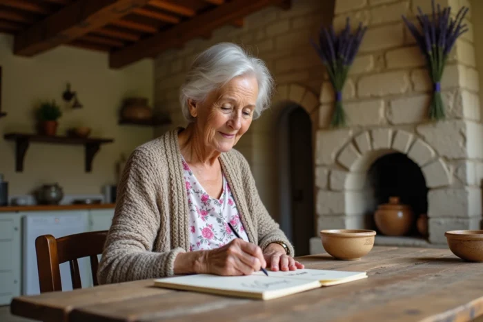 Femme âgée écrivant le prénom Manon en cursive dans une cuisine provençale rustique
