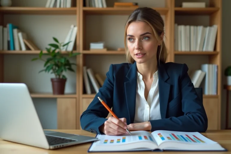 Femme assise à un bureau en bois prenant des notes sur la finance personnelle avec un livre ouvert et un ordinateur portable affichant des graphiques