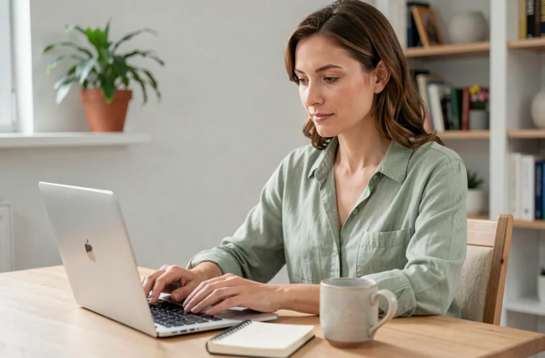 Femme consultant un site santé sur son ordinateur portable depuis son bureau à domicile pour contacter Le Manifeste Santé