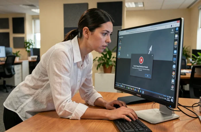 Femme en bureau professionnel tentant de résoudre une erreur de lecture vidéo sur un grand écran d'ordinateur