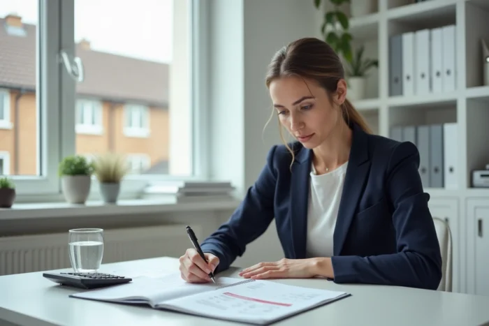Une femme seule dans un bureau à domicile prend des notes financières et calcule son budget pour l'achat d'une maison