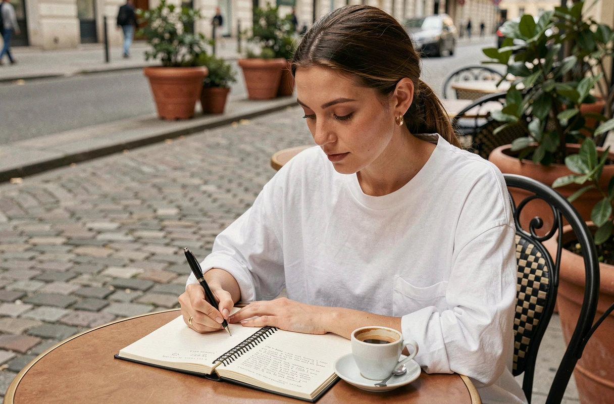 Jeune femme écrivant ses questions santé dans un carnet dans un café parisien avant de contacter Le Manifeste Santé