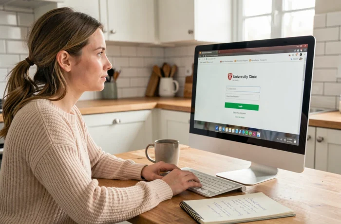 Femme consultant l'ENT de La Rochelle Université sur un ordinateur de bureau dans une cuisine moderne à domicile