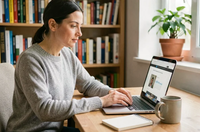 Femme consultant le plan du site Trucs De Nana sur un ordinateur portable dans un bureau à domicile cosy