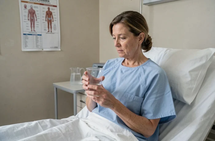 Femme en convalescence à l'hôpital tenant un verre d'eau après une opération chirurgicale