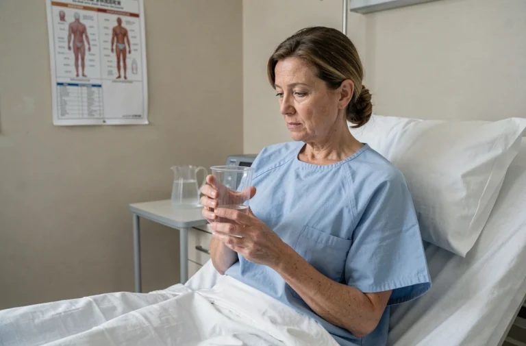 Femme en convalescence à l'hôpital tenant un verre d'eau après une opération chirurgicale