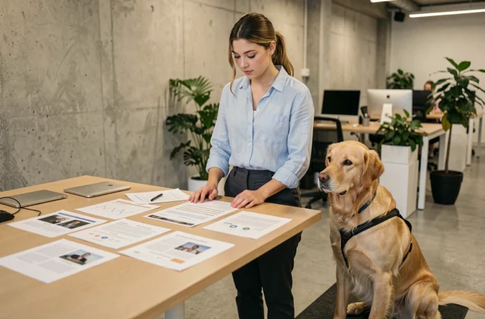 Jeune femme debout devant un bureau ergonomique dans un espace de coworking, organisant des plans de contenu imprimés pour un site d'éducation canine avec un Golden Retriever à ses côtés