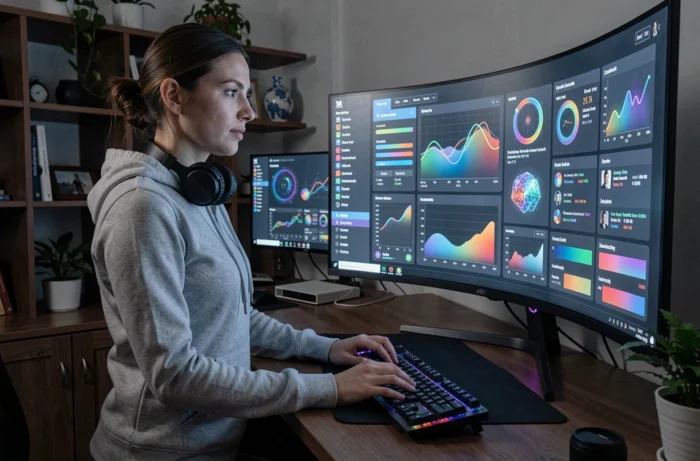 Femme travaillant sur un écran incurvé avec interface IA et tableaux de bord numériques dans un bureau maison moderne