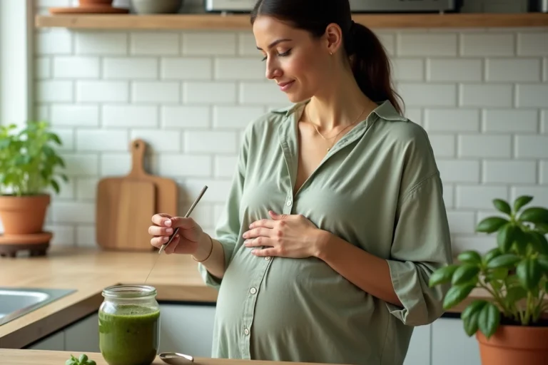 Femme enceinte lisant l'étiquette d'un pot de pesto dans sa cuisine pour vérifier les ingrédients pendant la grossesse