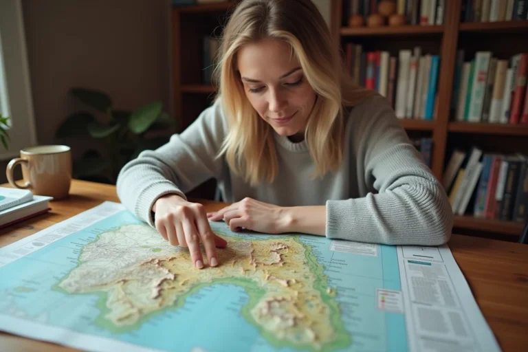 Femme étudiant les symboles et couleurs d'une carte topographique IGN sur un bureau en bois