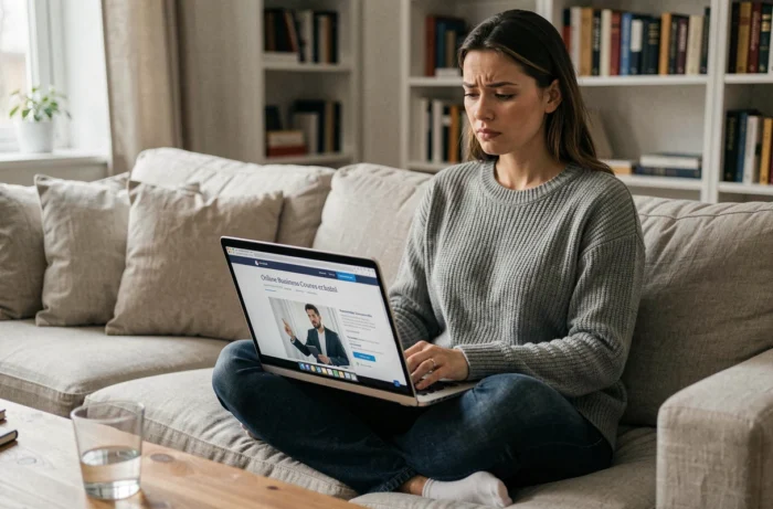 Femme sceptique évaluant une formation en ligne sur le e-commerce depuis son canapé