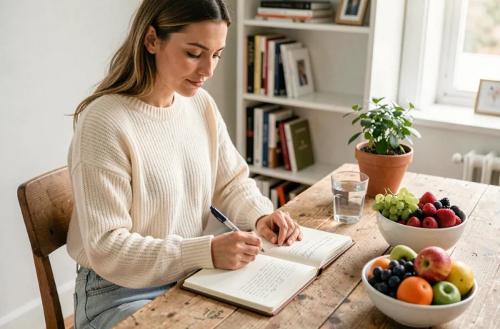 Femme notant ses objectifs de perte de poids dans un journal bien-être à son bureau avec des fruits frais
