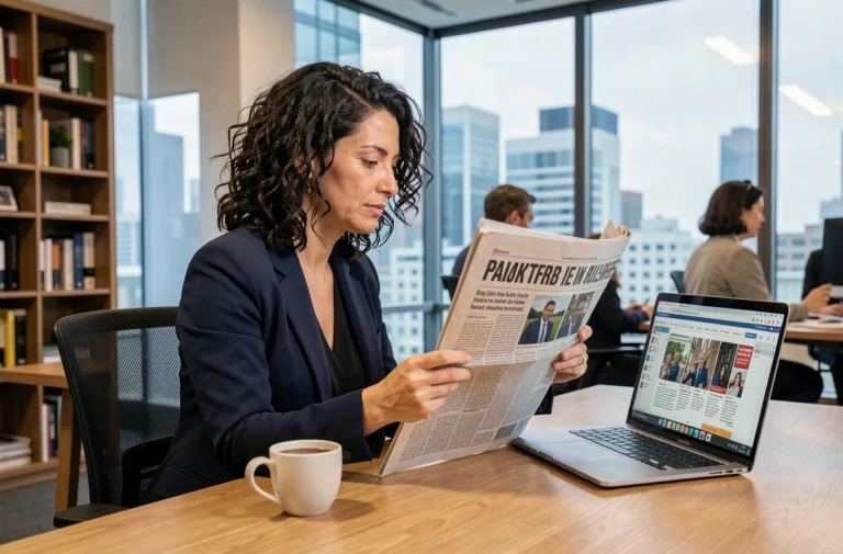 Femme professionnelle lisant un journal dans un bureau moderne pour rester informée des actualités quotidiennes